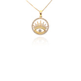 תליון זהב עיגול חלול משולב עין וזרקונים